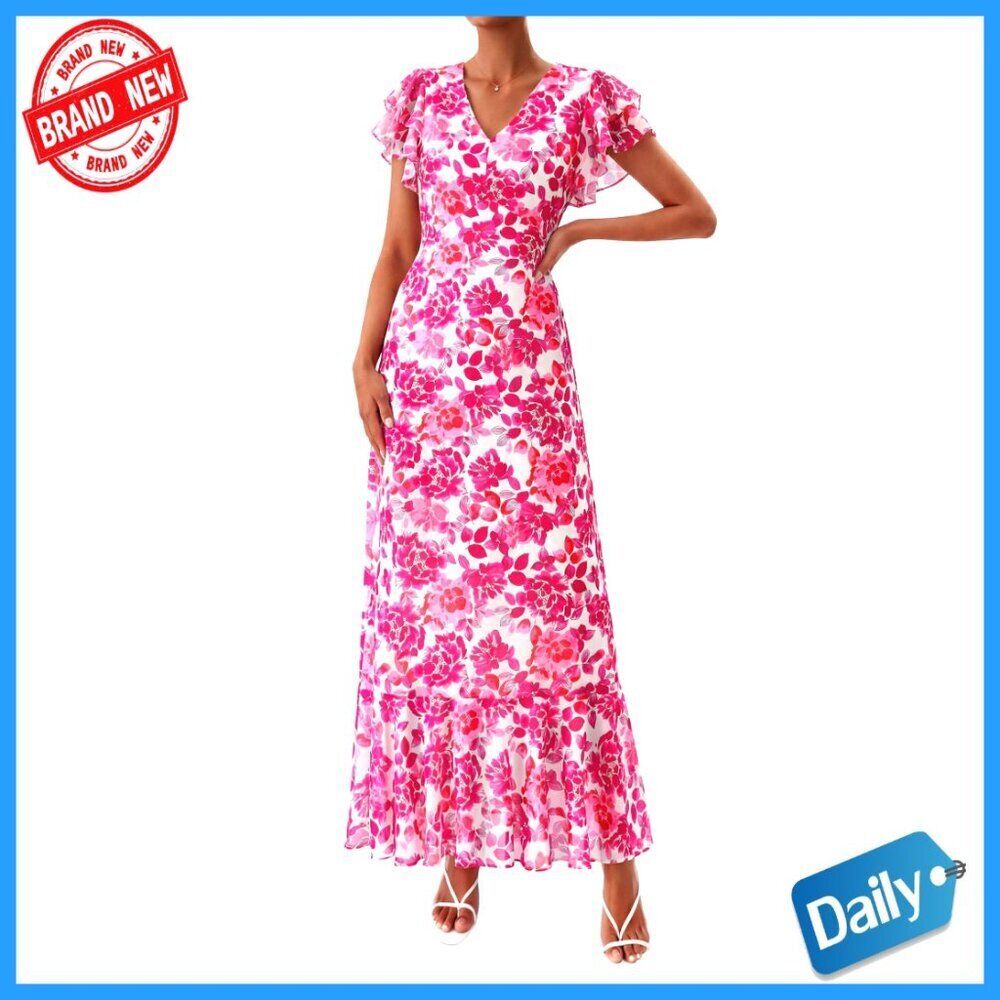 Maxi Dress V-Neck Short Sleeve Ruffle Flowy Beach Wedding Guest
